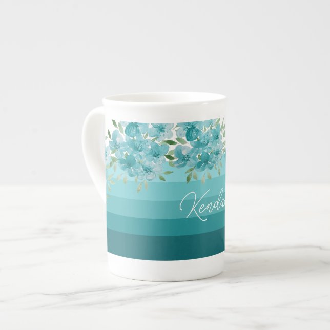 Caneca De Porcelana Turquesa Azul Flores Selvagens Arte Aquosa (Frente Esquerda)