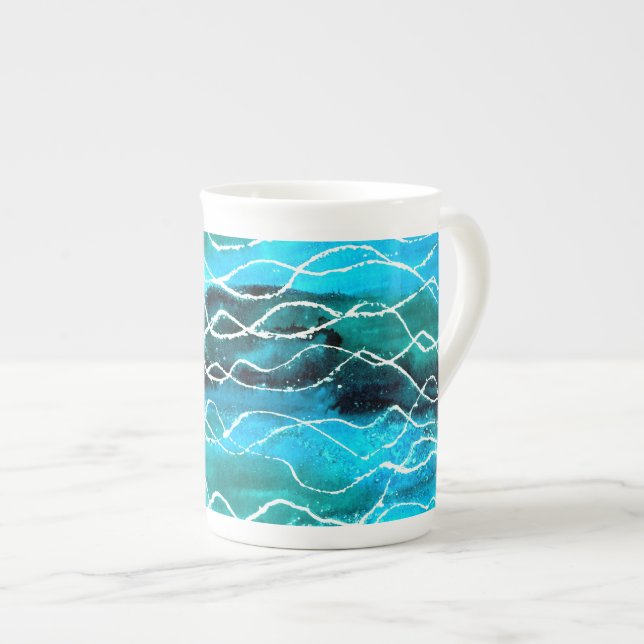 Caneca De Porcelana Turquesa, Black, White Waves Bone China Mug (Frente Esquerda)
