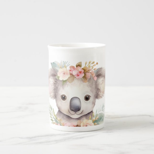 Caneca De Porcelana Urso Coala Floral Fofo (Frente)