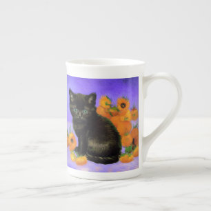 Caneca De Porcelana Van Gogh Black Kitten com Girassóis