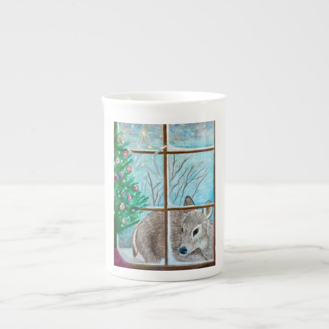 Caneca De Porcelana Veado de Natal na janela (Frente)