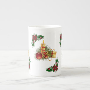 Caneca De Porcelana Vela Dourada Vermelha de Natal
