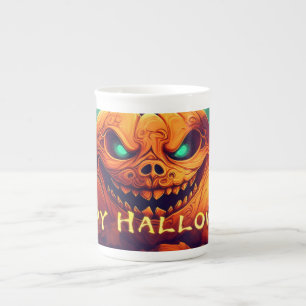 Caneca De Porcelana Velas de Abóbora de Olhos Turquesa na Lua Cheia no