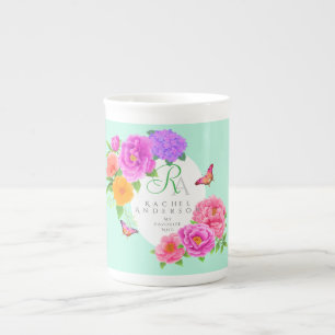 Caneca De Porcelana Verde do Monograma Romântico