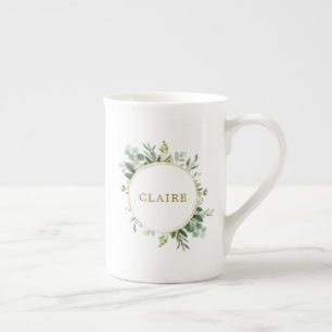 Caneca De Porcelana Verde Dourado Botânico Personalizado