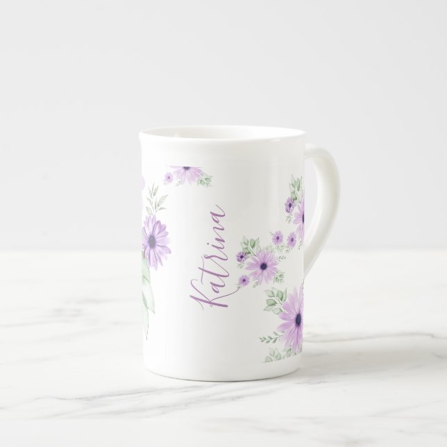 Caneca De Porcelana Verde Violeta Personalizado, Flores De Aquarela (Frente Esquerda)