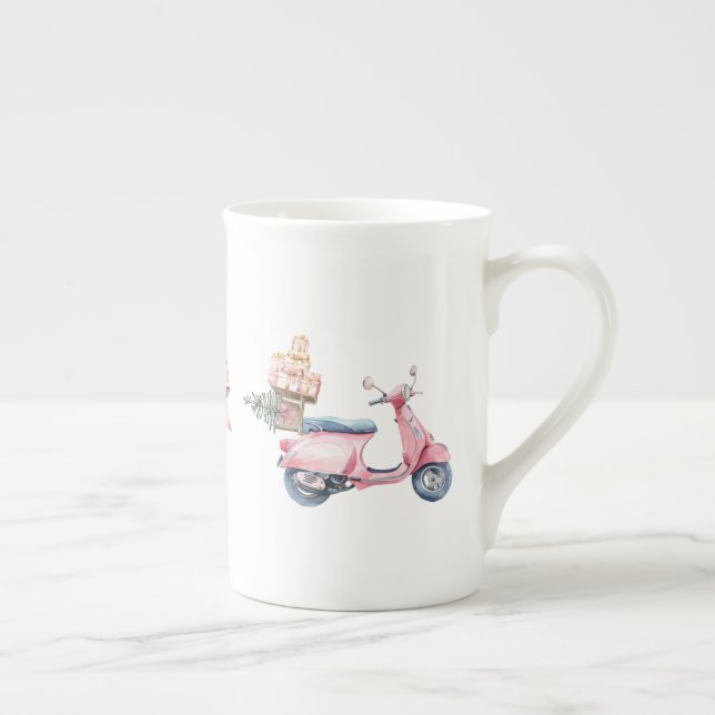 Caneca De Porcelana Viagem de Compras de Natal de Scooter Rosa  (Direita)