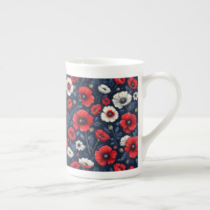 Caneca De Porcelana Vibrantes Flores de Papoula Vermelhas e Brancas