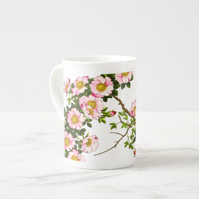 Caneca De Porcelana Vintage - Blossomas de Cereja Japoneses, Rosa e Do (Frente Esquerda)