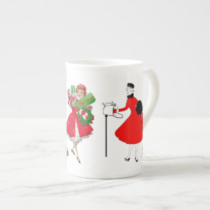 Caneca De Porcelana Vintage Damas de Natal de 1950