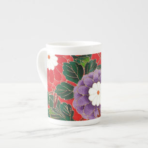 Caneca De Porcelana Vintage Japonês Textil - Red Dahlias