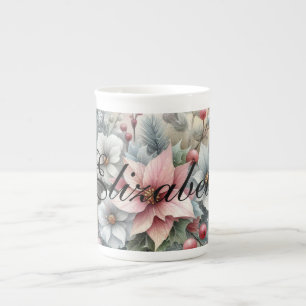 Caneca De Porcelana Vintage Watercolor Christmas Floral and Ornaments