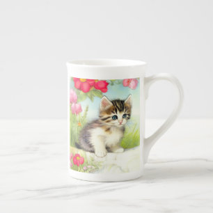 Caneca De Porcelana Vintage White e Brown Kitten com Flores