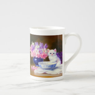 Caneca De Porcelana Vintage White Kitten com Fita Roxa