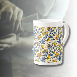 Caneca De Porcelana Vintage Yellow Orange Folk Floral Blue Leaf