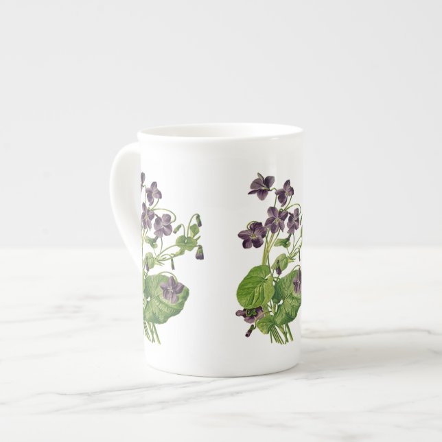 Caneca De Porcelana Violetas Roxas Osso Botânico China Mug (Frente Esquerda)