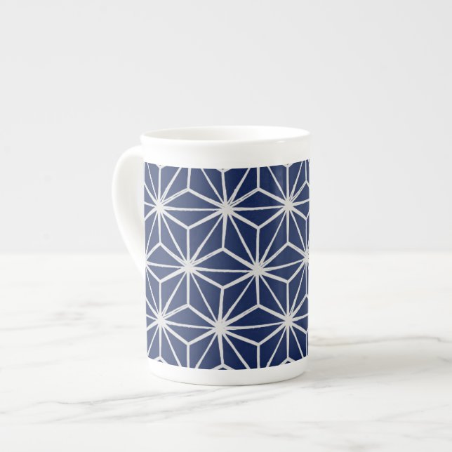 Caneca De Porcelana Wagara asanoha geométrico azul (Frente Esquerda)