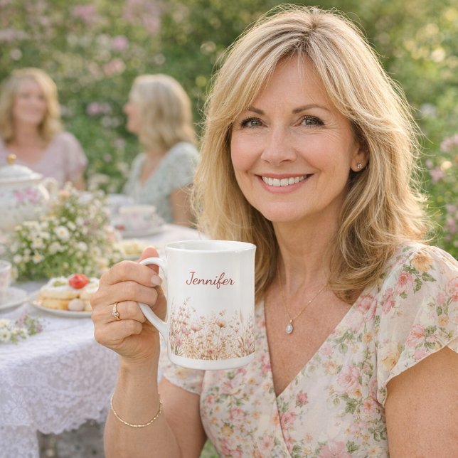 Caneca De Porcelana Wildflowers beige pink name (Criador carregado)