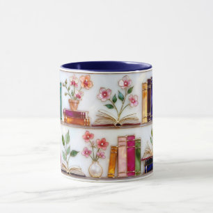 Caneca de Prateleira de Livros Florais no Estilo d
