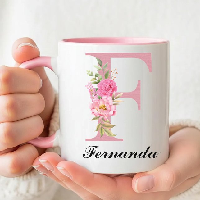 Caneca de Presente com Nome Inicial Personalizado  (Custom Pink Floral Monogram Mug Gift for Her, Wildflower Initial Name Mug Birthday Gift for Mom)