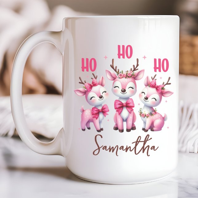 Caneca de rena rosa, Ho ho ho mug, caneca personal ( ho ho ho mug, custom name mug, personalized name mug, Christmas vibes mug, New Year gift mug,)