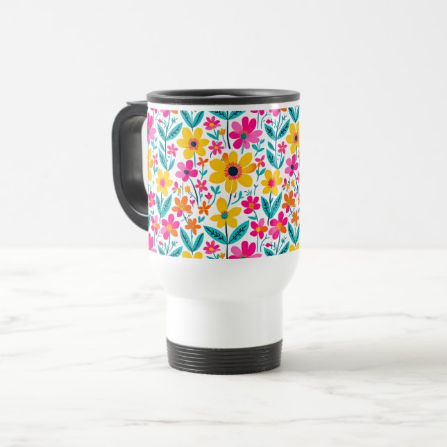 Caneca de Viagem Artística Floral Ousada (Frente Esquerda)