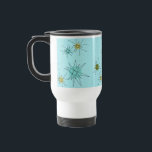Caneca de viagem atômica azul de Starbursts do ovo<br><div class="desc">O teste padrão atômico icónico azul da caneca da viagem ao trabalho do viagem de Starbursts do ovo deste pisco de peito vermelho caracteriza starbursts atômicos icónicos. Isso é direito! A velha escola, fundo colorido azul do ovo do pisco de peito vermelho com salpicos do ouro é o contexto perfeito...</div>