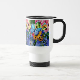 Caneca de viagem azul da borboleta