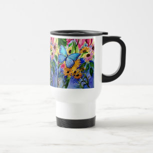 Caneca de viagem azul da borboleta