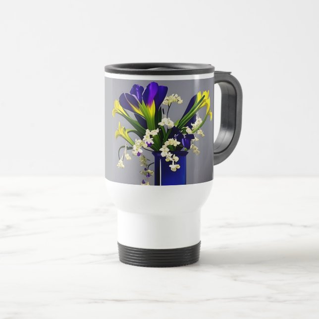Caneca de viagem belo vaso azul com flores (Frente Esquerda)