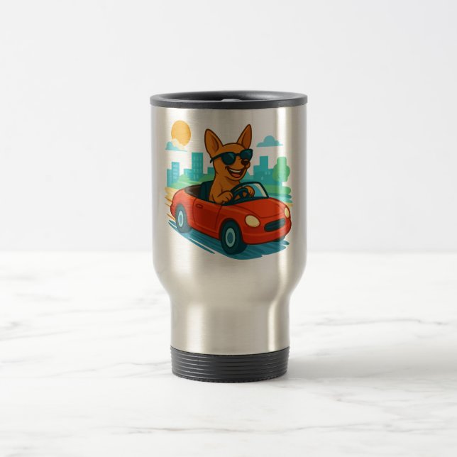 Caneca de Viagem Cachorro Dirigindo Carro Vermelho (Centro)