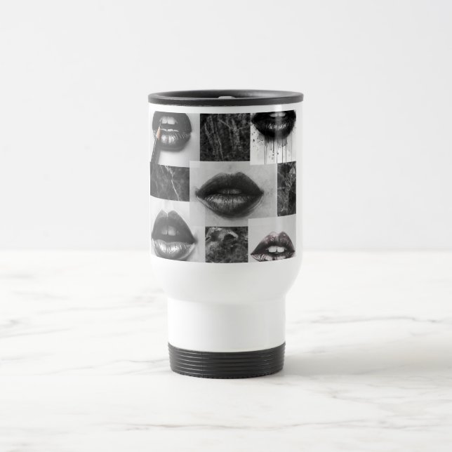 Caneca de Viagem Colagem de Lábios Preto e Branco  (Centro)