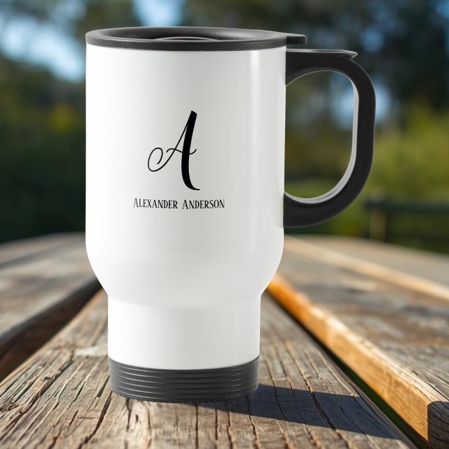 Caneca de viagem com letra de monograma moderno e  (Modern Monogram letter and full name Travel Mug - Black and white)