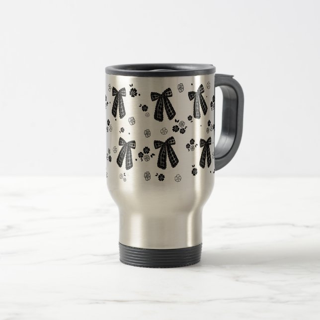 Caneca de Viagem com Padrão de Laço Preto Coquette (Frente Esquerda)