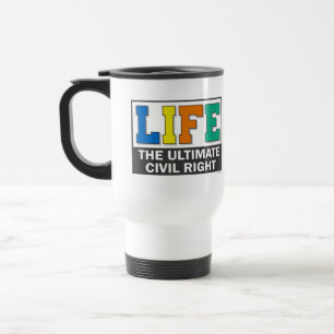 Caneca de viagem com uma mensagem pró-vida.