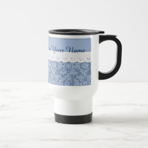 Caneca de viagem de rendas falsas plorais azuis do