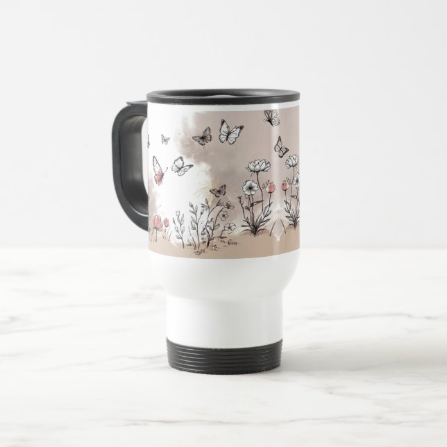 Caneca de Viagem - Design de Borboleta Neutra da N (Frente Esquerda)