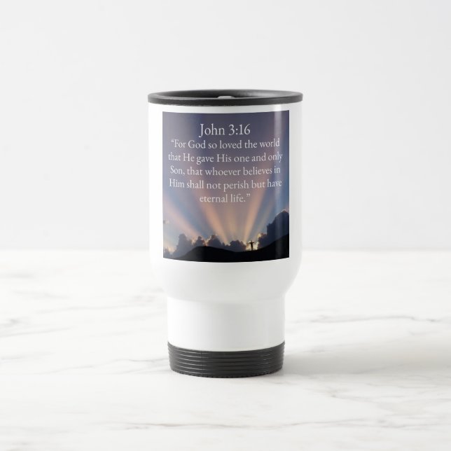 Caneca de Viagem do Versículo da Bíblia João 3:16 (Centro)