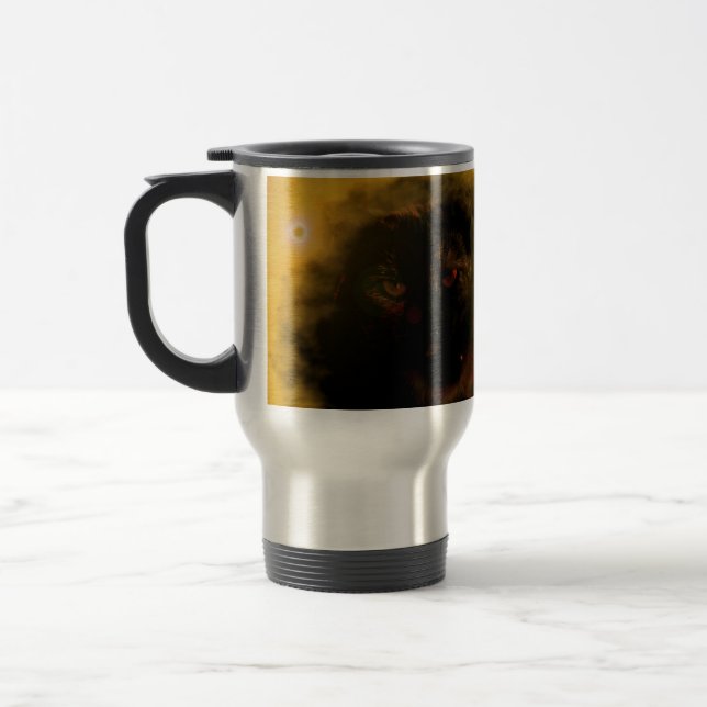 Caneca de viagem em alumínio com gato preto de olh (Esquerda)