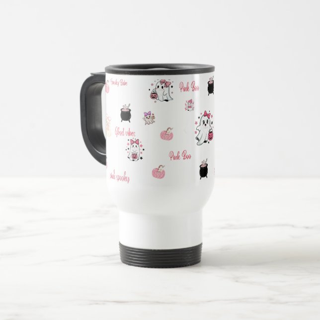 Caneca de Viagem Fantasma Rosa Fofa | (Frente Esquerda)