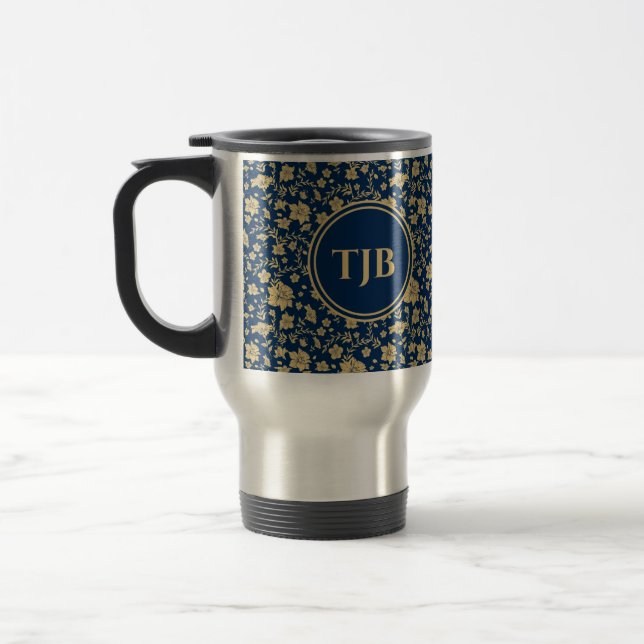 Caneca de Viagem Floral Azul Marinho Personalizada (Esquerda)