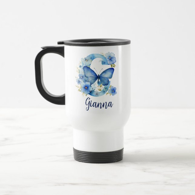 caneca de viagem Floral Azul Monograma de 15 oz (Esquerda)