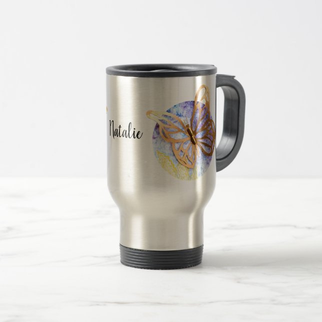 Caneca de viagem personalizada com borboleta (Frente Esquerda)