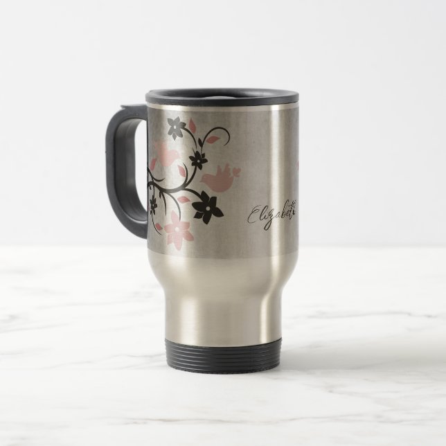 Caneca de viagem Personalizada de Aves Rosa (Frente Esquerda)
