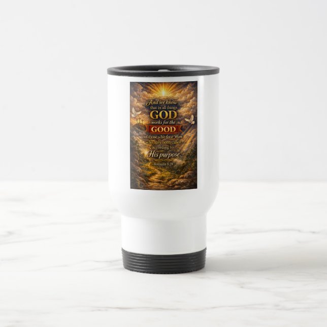 Caneca de Viagem Versículo Bíblico Romanos 8:28 Cr (Centro)