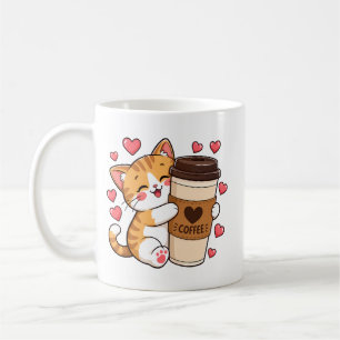 Caneca de xícara de café com gatinho fofo abraçand