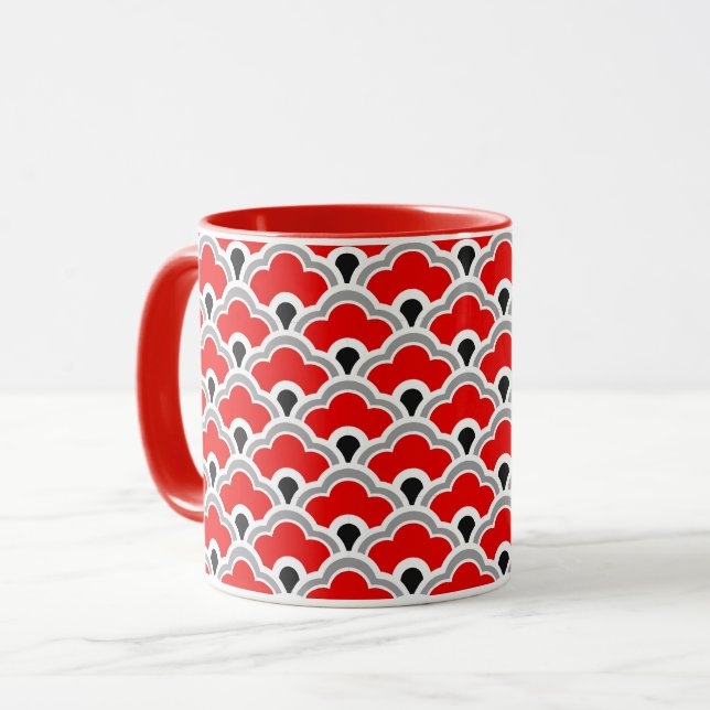 Caneca Deco Chinês, Escamas, Vermelhas, Cinzas, Pretas e  (Frente Esquerda)