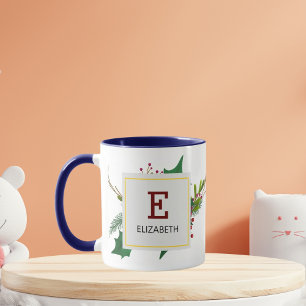 Caneca Decoração de Natal Elegante Monograma Vermelho Azu