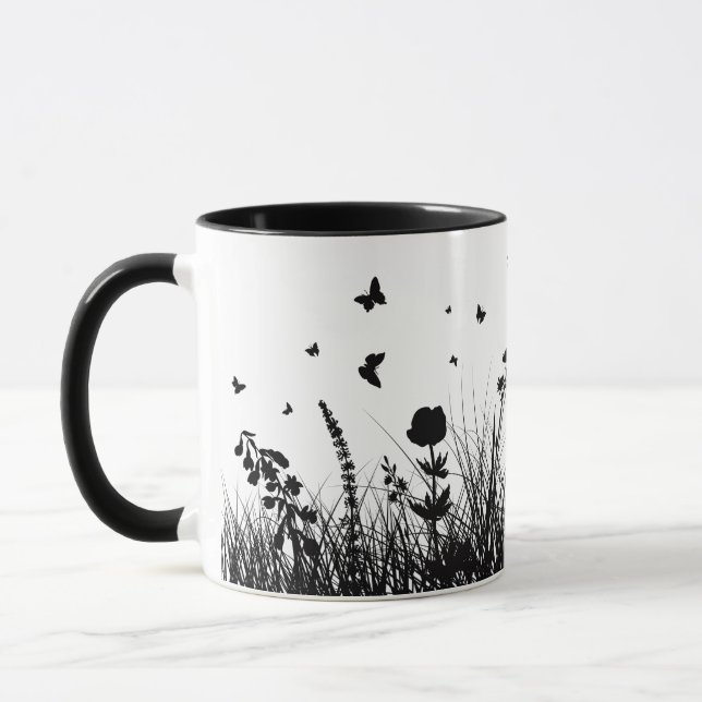 caneca decorada com borboletas e flores,  (Esquerda)