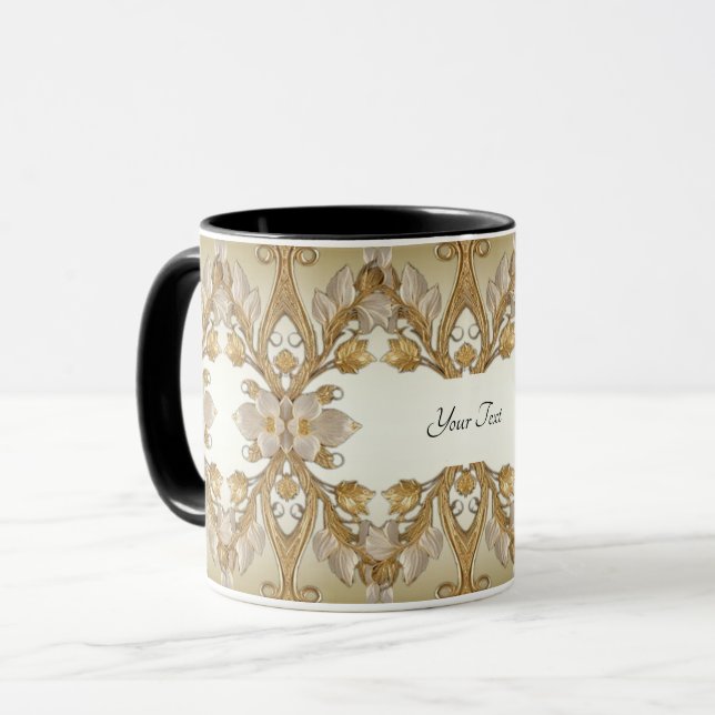 Caneca Decorativa Dourada com Flores Brancas (Frente Esquerda)